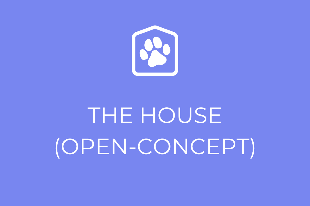 Logo with a paw print on a blue background with text 'THE HOUSE (OPEN-CONCEPT)'.
