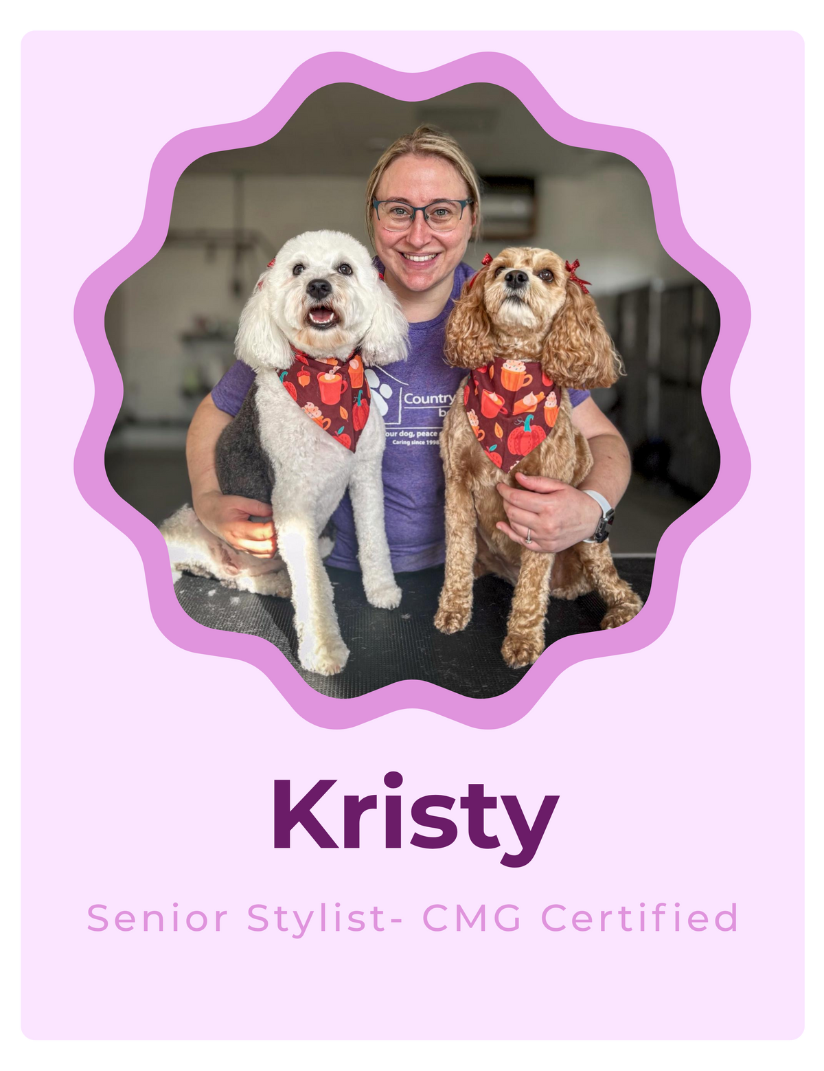 A personalized certificate card with a light pink background and a scalloped purple frame around a photo of a woman named Kristy holding two dogs. Below the photo, the text reads 'Kristy' and 'Senior Stylist- CMG Certified'.